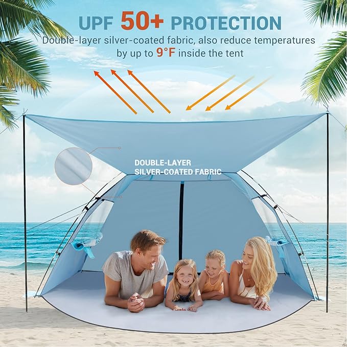 Elegear Beach Tent Sun Shelter with Canopy, 4-5 Person Pop Up Beach Tent, Easy Setup UPF 50+ UV Protection Portable Lightweight Double Silver Coating Beach Cabana Sun Shade Shelter - Sky Blue
