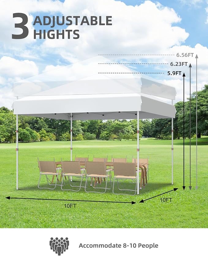 GarveeLife 10x10 Pop Up Canopy with One Button Push Setup - Heavy Duty Outdoor Canopy Tent with Portable Roller Bag - 3 Adjustable Height, 4 Weight Bags, 8 Stakes & 4 Guy Ropes Included, White