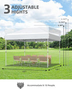 GarveeLife 10x10 Pop Up Canopy with One Button Push Setup - Heavy Duty Outdoor Canopy Tent with Portable Roller Bag - 3 Adjustable Height, 4 Weight Bags, 8 Stakes & 4 Guy Ropes Included, White