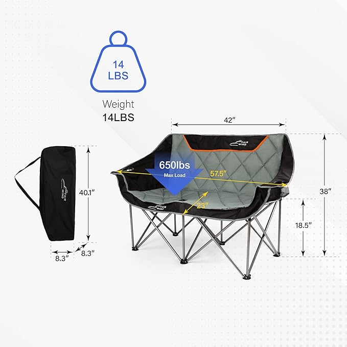 FAIR WIND Oversized Fully Padded Camping Chair Folding Loveseat Camping Couch Double Duo Chair Heavy Duty Quad Fold Arm Chair with Cup Hold - Supports 650 LBS Black