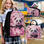 Panda School Backpack Set Kids 4 Piece with Lunch Box and Water Bottle Bag Pencil Case Large Capacity Lightweight Travel Backpack for Kids 8-12 Kindergarten Elementary Middle Camping