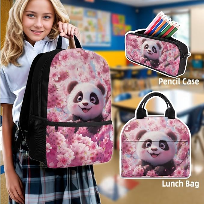 Panda School Backpack Set Kids 4 Piece with Lunch Box and Water Bottle Bag Pencil Case Large Capacity Lightweight Travel Backpack for Kids 8-12 Kindergarten Elementary Middle Camping