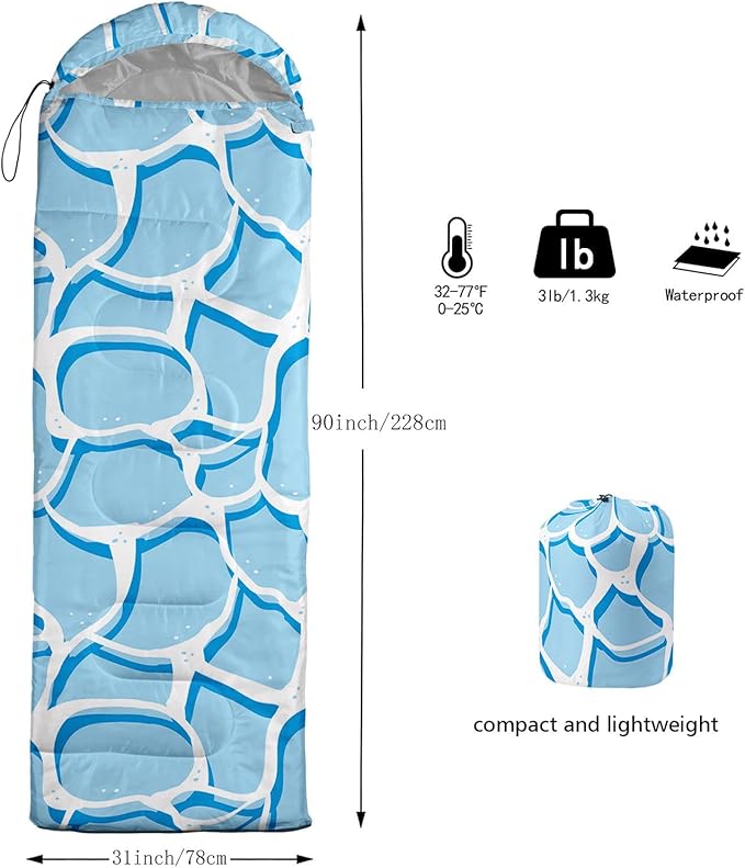 Kids Sleeping Bag for Boys Girls,Blue Ripples Print-Lightweight Warm Portable Outdoor Indoor-Waterproof Cold Weather Resistant Sleeping Bag for Camping Hiking