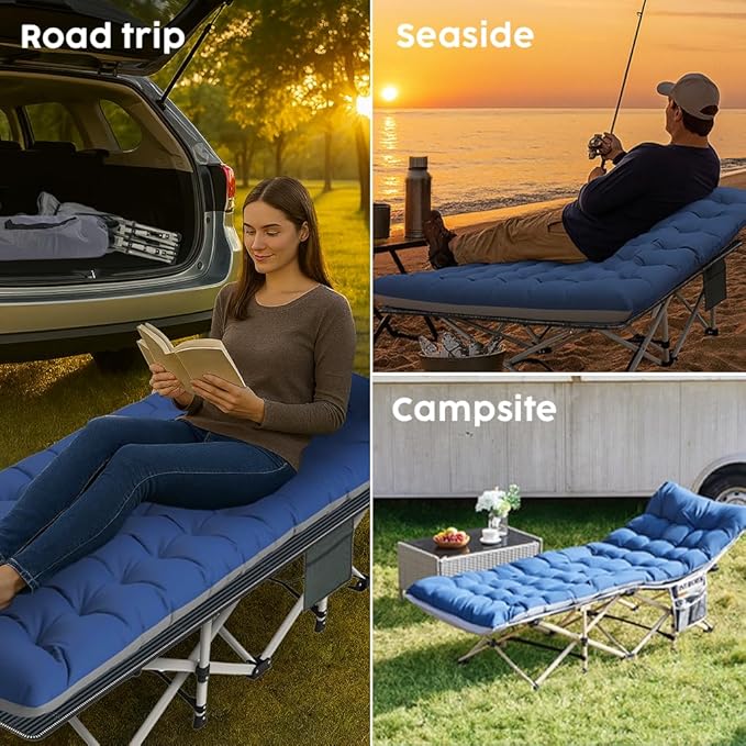Heavy Duty Camping Cot for Adults with Mattress, 10-Leg Portable Folding Cot Bed, Extra Stable Sleeping Cot for Camping, Travel, Tent & Indoor Guest Use, 500 lbs Capacity (C-Gray&biue)