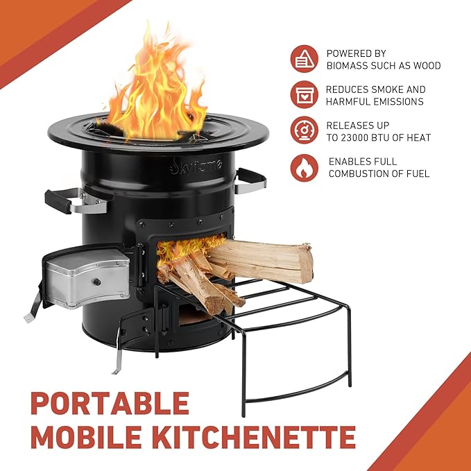 Skyflame Wood Burning Rocket Stove, Portable Camping Stove for Outdoor Cooking, Backpacking, RV and Survival, Essentials Camping Gear - Black