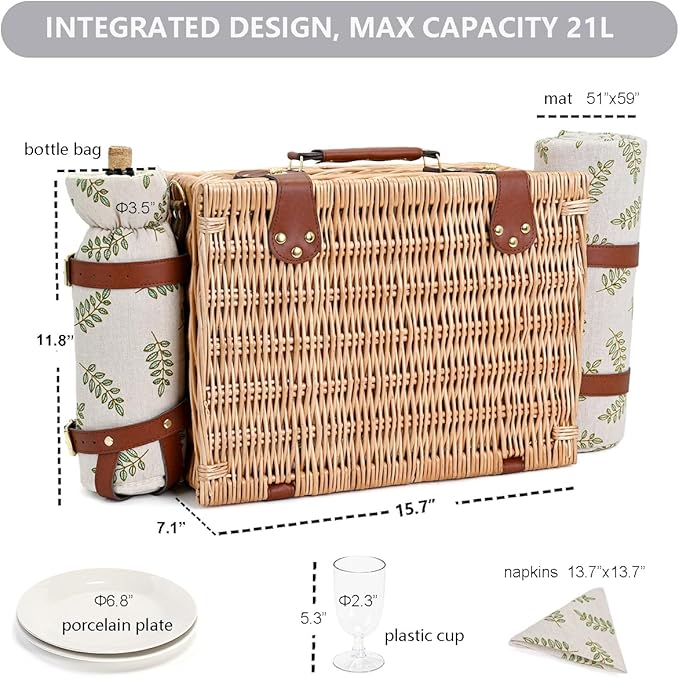 Picnic Basket with Blanket and Wine Pouch for 4, Wicker Picnic Set with Insulated Liner Cooler Bag Hamper for Camping,Wedding - Leaf