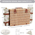 Picnic Basket with Blanket and Wine Pouch for 2, Wicker Picnic Set with Insulated Liner Cooler Bag Hamper for Camping,Wedding - Leaf