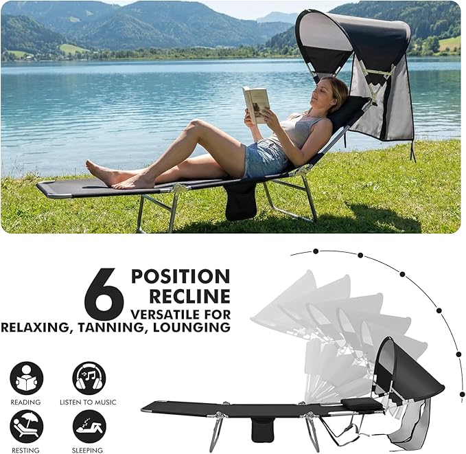 Backpack Beach Tanning Chair with UPF 50+ Canopy Sun Shade Face Hole, Folding Lounge Chair Reclining 6 Position for Adults Reading Sunbathing Outside Poolside Camping