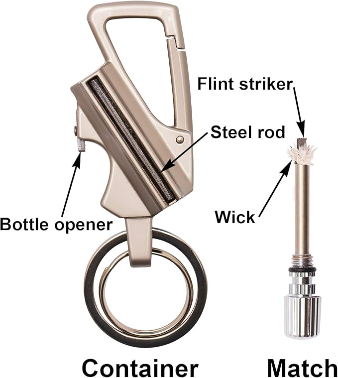 SURVIVE Permanent Match Bottle Opener Metal Keychain, Reusable Survival Fire Starter Lighter, Emergency Waterproof Striker Stick Kit