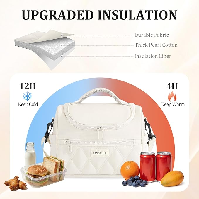 Lunch Bag for Women Soft Lightweight,Leakproof Insulated Lunch Box with Straps,Reusable Lunch Cooler for Work Meal Hiking Travel,Beige