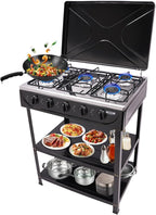 Propane Camping Stove, 5 Burners Portable Gas Grills for Outdoor Cooking RV with Storage Stand, Heavy Duty Stainless Steel Gas Stove with Wind Blocking Cover for Garden BBQ (Black 5 Burners)