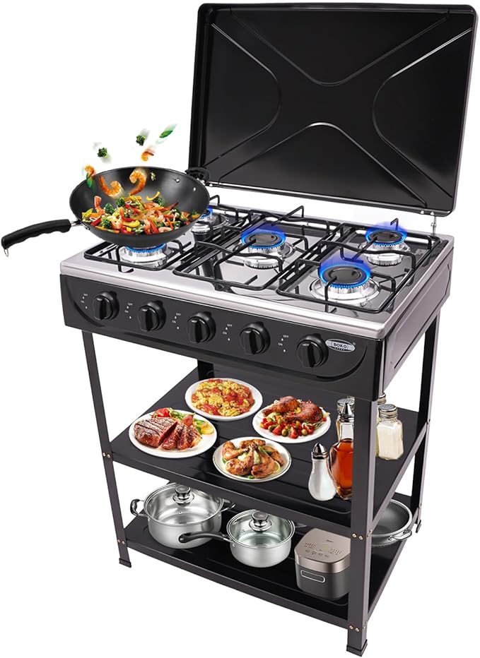 Outdoor Camping Stove, 5 Burner Propane Gas Cooker with Removable Storage Shelf and Windshield Cover for Camping, RV Outdoor Activities (Black)