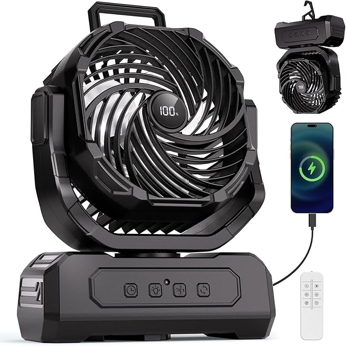 30000mAh Portable Camping Fan with RGB Lantern, Rechargeable Battery Powered Oscillating with 4 Wind Speeds LED Display, Remote Control Timer Tent Beach Cordless USB Fans for Travel Home Outdoor