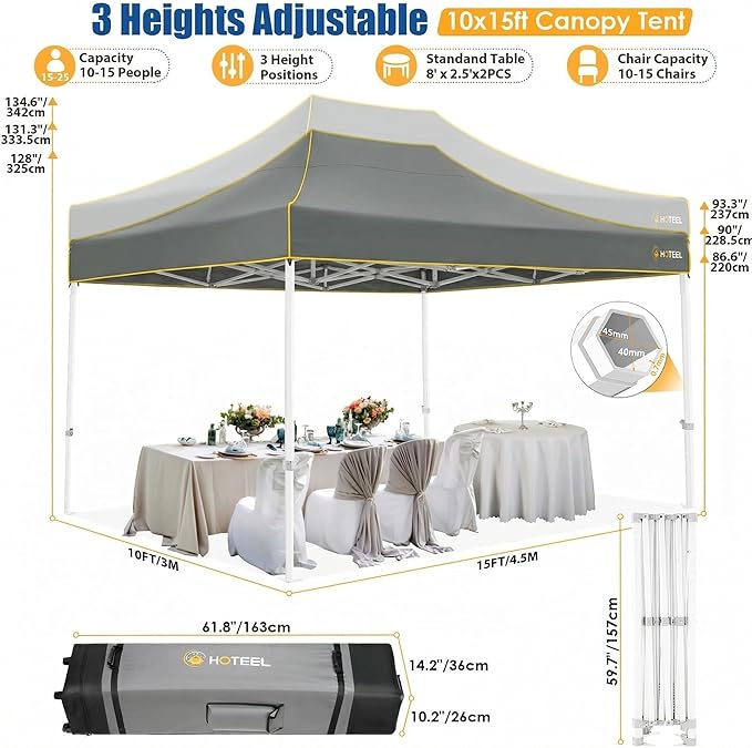 HOTEEL 10x15 Heavy Duty Pop up Canopy Tent for Parties Without Sidewalls, Easy Setup Outdoor Commercial Instant Gazebo for Wedding Event, with Roller Bag & Sand Bags, Grey(Hexagonal Frame)
