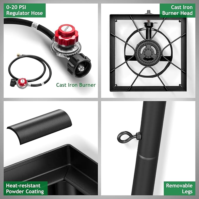 Outvita 1 Burner Propane Gas Stove for Outdoor Cooking, 75,000 BTU Camping Cooker with Removable Legs, Temperature Control Knobs for Backyard Cooking, BBQ, Baking and Frying(Single Burner)