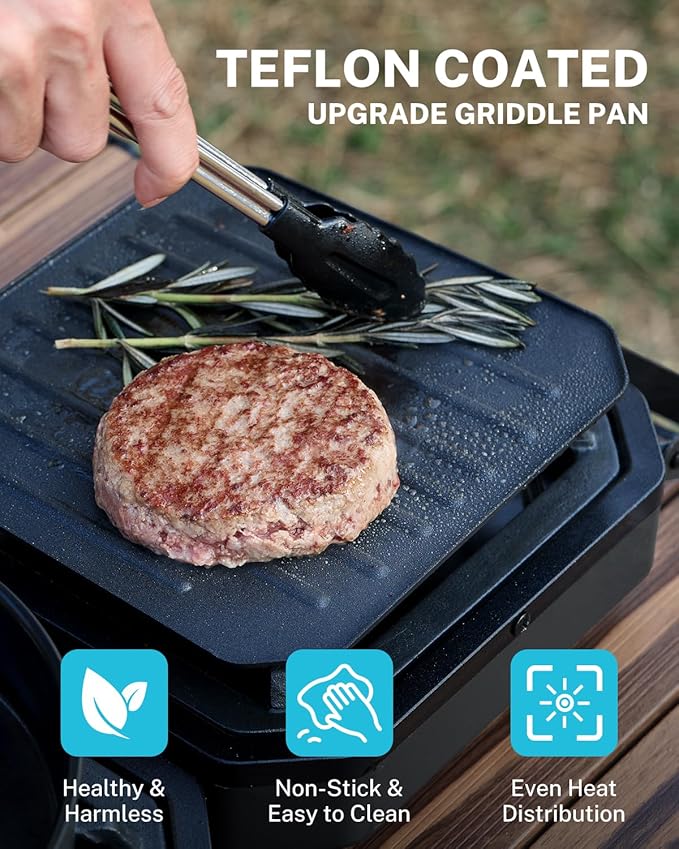 Gonex 2 Burner Propane Camping Stove with Griddle & Grates, Portable Foldable Cooking Stove with Total 16,000 BTU, Two Piezo Ignition Adjustable Burners for Camping, Patio, Emergency, Hiking (Black)