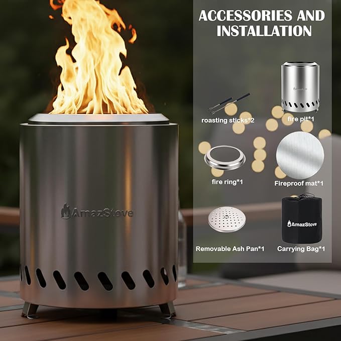 Tabletop Fire Pit by AmazStove, Low Smoke Camping Stove for Outdoor Safe Burning Firepits, Mini Fire Pit, Fueled Pellets or Wood, Travel Bag Included (8.0 x 5.8 INCH-Silver)