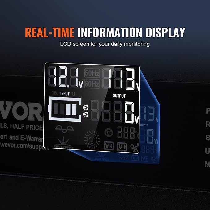 VEVOR Modified Sine Wave Inverter, 3000Watt, DC 12V to AC 120V LCD Display Power Inverter with 3 AC Outlets 2 USB Port 1 Type-C Port 10 Spare Fuses, for Large Household Equipment, CE FCC Certified