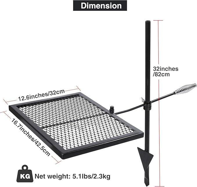 Lineslife Swivel Campfire Grill Grate, Adjustable Heavy Duty Steel Open Fire Grill Rack, Fire Pit Grill Grate Over Fire Pit with Carrying Bag for Outdoor Camping BBQ, Rectangle Black