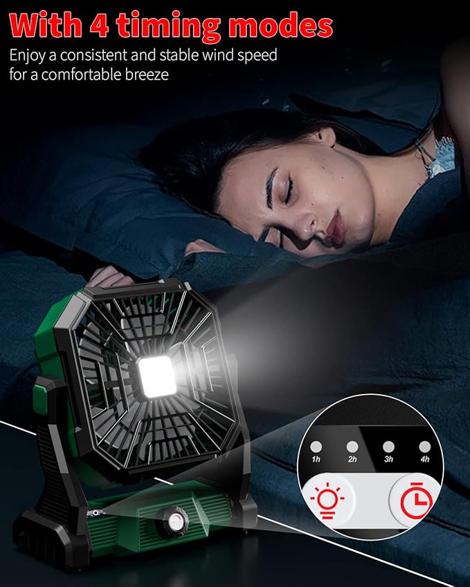 Personal Fan Camping Fan rechargeable, 20000mAh Battery powered fan with LED Lantern,270°Head Rotation, Small Table Fan Portable, USB Desk Fans with Hanging Hook for Travel Camping Tent Office, Green