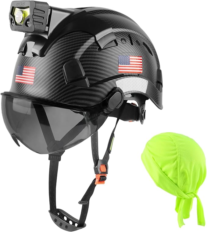 GREEN DEVIL Safety Hard Hat with Rechargeable Headlamp Light and Helmet Liner Chin Strap Men Vented Work Hardhats ANSI Z89.1 Approved Cascos de Construccion Ideal for Industrial Construction Forestry