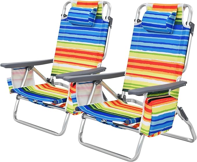 COSTWAY Backpack Beach Chairs, 4-Pack Portable Camping Chairs with Cup Holder, Ice Bag, 5-Position Outdoor Reclining Chairs for Adults, Travel, Sunbathing, Support 300 LBS, Multi Color