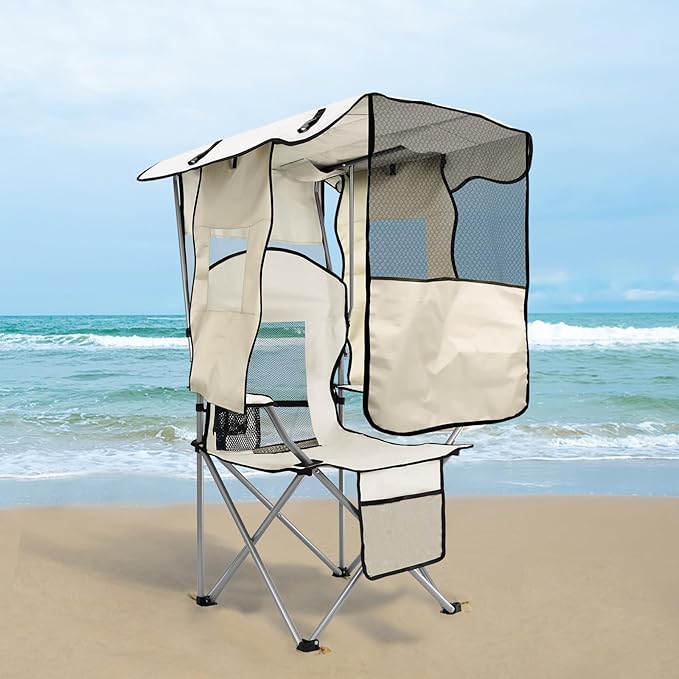 ptlsy Folding Camping Chair with Canopy, Beach Chair with Canopy Shade with Cup Holders, Cooler Bag for Camping, Fishing, Beach, Sports and Concert (White)