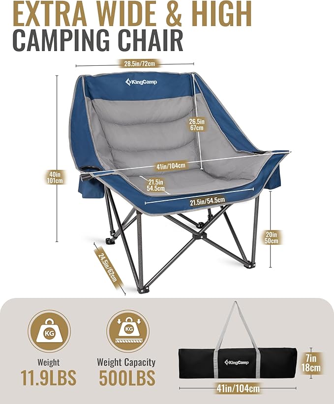 KingCamp Oversized XL Camping Chair, Heavy Duty 500lbs Folding Couch for Adults, Padded Large Comfortable Sofa Seat with Cooler Bag Cup Holder for Outdoor Sports Fishing Patio Lawn