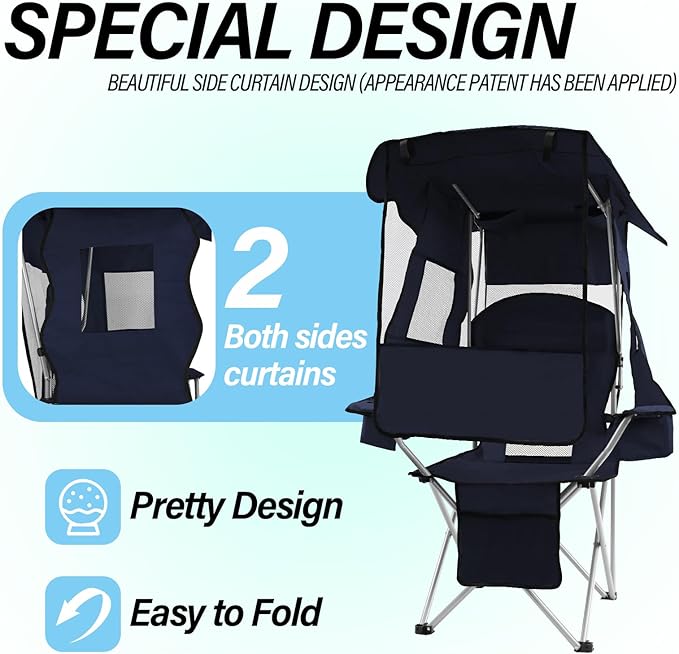 ptlsy Folding Camping Chair with Canopy, Beach Chair with Canopy Shade with Cup Holders, Cooler Bag for Camping, Fishing, Beach, Sports and Concert (Navy)