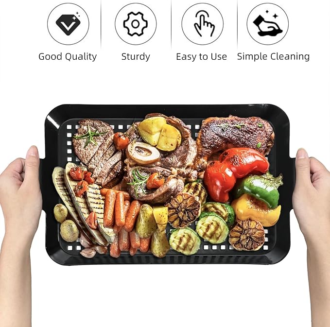 2 Pack Grill Pans, Nonstick Grill Topper for Outdoor Grill, BBQ Grilling Baskets with Perforated Bottom, Heavy Duty Carbon Steel Grill Grid for Cooking Camping, 16.5" x 10" and 13" x 7.4"