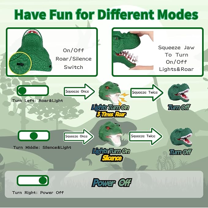 2PCS Dinosaur Headlamp Flashlight Outdoor Camping Gear LED Reading Headlamp, Hiking Headlight for Kids or Adults, Ideal Toy Gift for Birthday, Chirstmas, 6 AAA battery Included (Green+Brown)