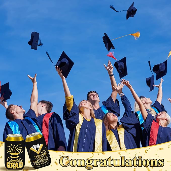 Graduation Can Cooler Sleeves, 18 Pack Black Gold Class of 2026 Neoprene Can Cover 9 Styles of Congrats Grad 12 OZ Drink Beer Soda Beverage for Graduation Party Supplies Gifts