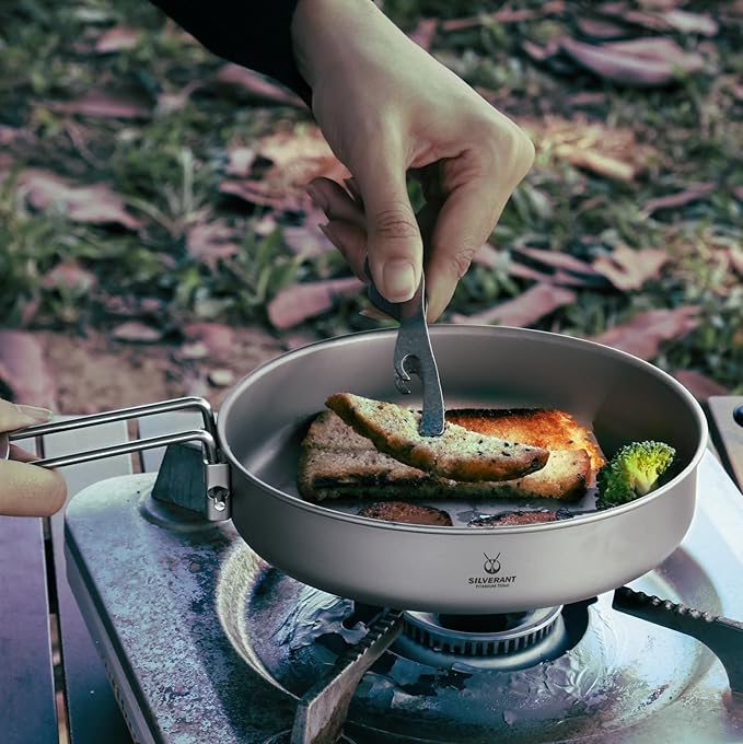 SILVERANT Camping Plate Titanium Pan Dish Plate with Handle & Mesh Bag, Large Reuseable Ultralight Dinner Plate for Camping Outdoors Backpacking (750ML)