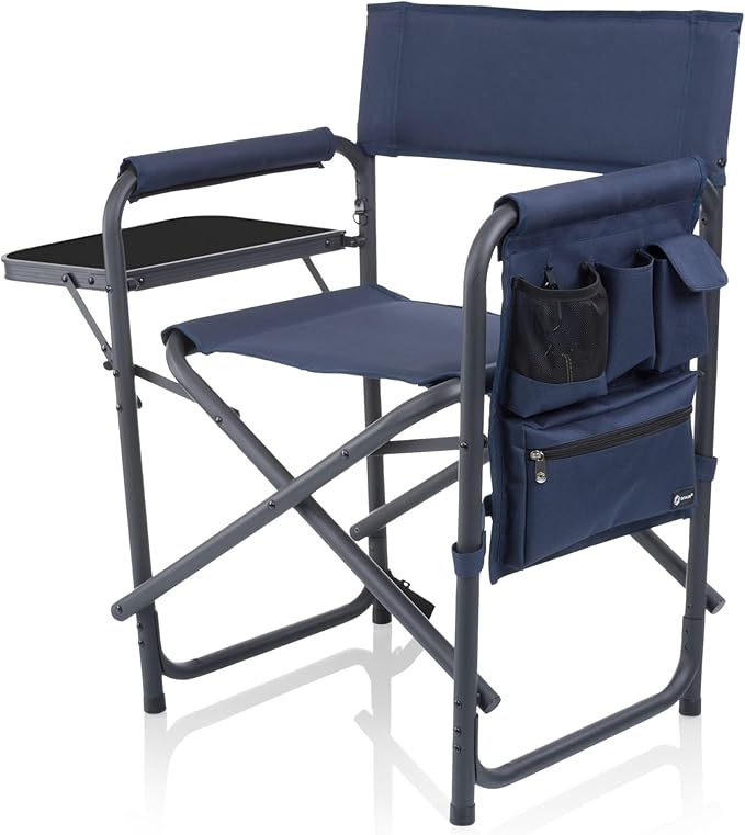 Picnic TIME Sports Chair with Side Table and Armrest Caddy, Lightweight Aluminum Folding Outdoor Camping Chair for Adults, Portable Director Style Lawn Seating with Pockets & Carry Strap, (Navy Blue)