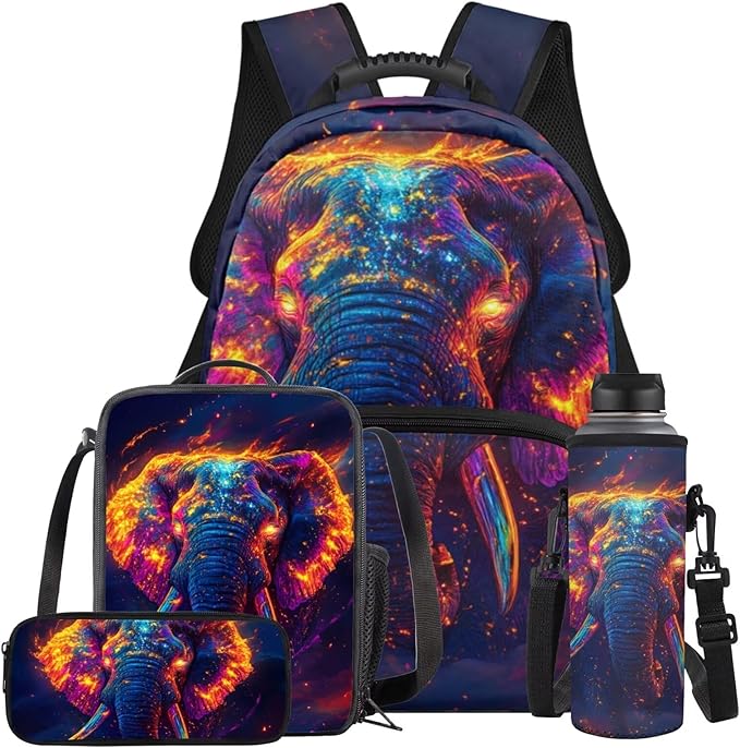 Elephant Backpack with Lunch Bag Animal Backpack for Kids Lightweight Portable Kids Bookbag and Lunch Box Set Boys 4 in 1 School Bag for Boys 7-8 Travel Daypack Camping Outdoor