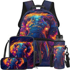 Elephant Backpack with Lunch Bag Animal Backpack for Kids Lightweight Portable Kids Bookbag and Lunch Box Set Boys 4 in 1 School Bag for Boys 7-8 Travel Daypack Camping Outdoor