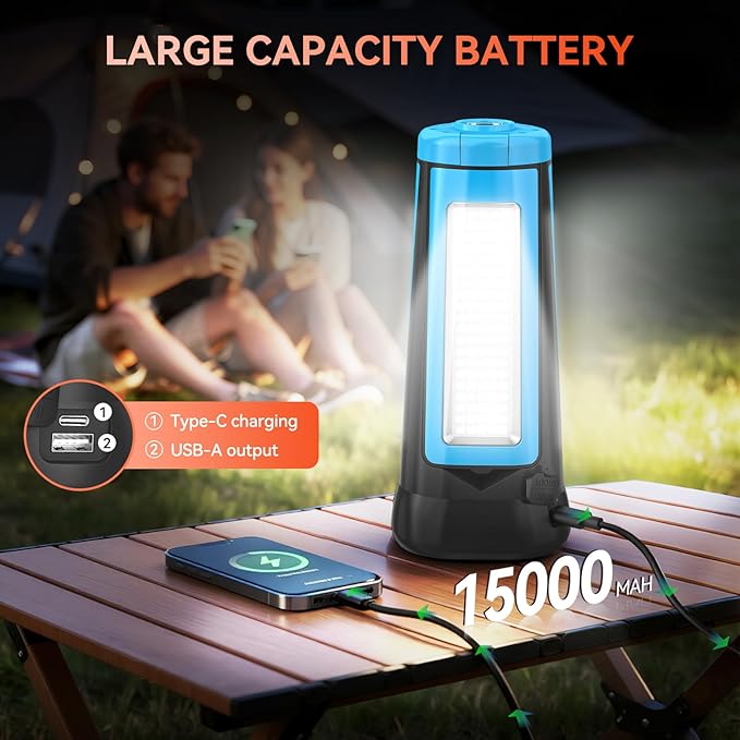 15000 mAh Rechargeable Camping Light with Stand, Cordless Work Light with 3 LED Lamp Heads, 5500 Lumens Dimmable Camping Essentials Gear Emergency Flashlight with 86" Detachable Tripod, Blue