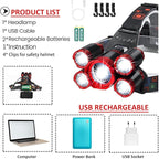 USB Rechargeable Headlamp 12000 Lumen Ultra Bright LED Work Headlight, 4 Modes Waterproof Head Lamp Best Headlamps for Adults, Camping, Outdoors & Hard Hat Work Zoomable Headlight (Red)