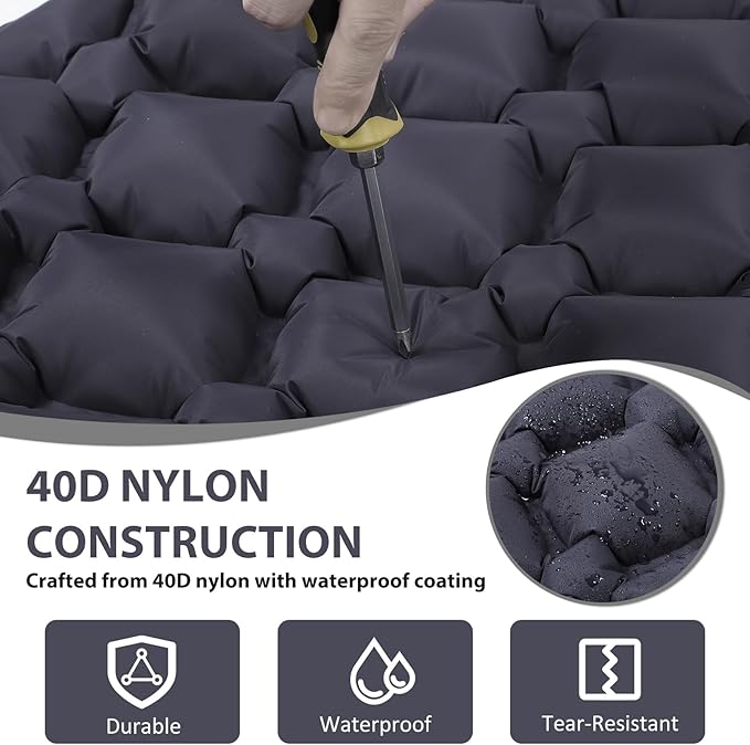 Sleeping Pad, 40D Nylon Camping Mat with Pillow, Built-in Foot Pump Inflatable Sleeping Mat Compact, Portable Waterproof Air Mattress for Outdoor Camping Hiking Backpacking, Single (Gray)