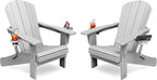 KINGYES Folding Adirondack Chair Set of 2, Dual Cup Holders & All-Weather HDPE, Wood-Like Patio Chair for Backyard, Camping, Pool & Fire Pit, Silver Grey