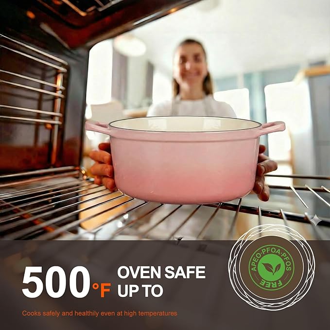 Overmont Refined Enameled Cast Iron Dutch Oven - 5.5QT Pot with Wide Handles Lid Cookbook & Cotton Potholders - Heavy-Duty Pre-Seasoned Cookware Oven Safe to 500°F for Braising, Stews, Roasting, Bread Baking