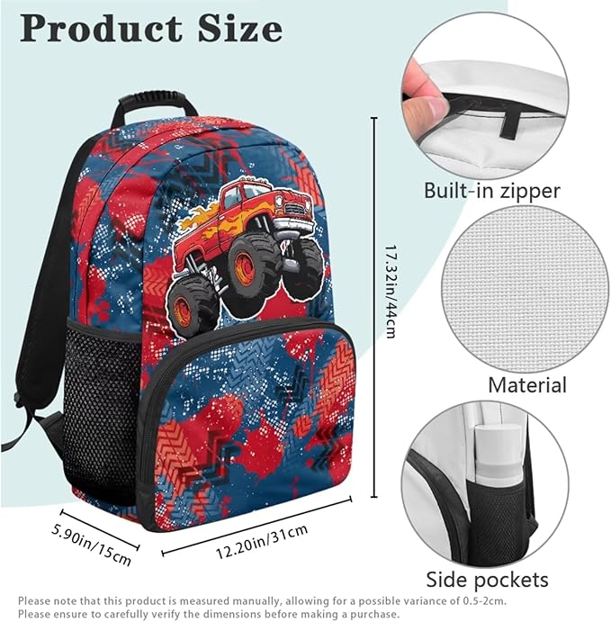1st Grade Backpack Boys Truck Backpack and Lunch Box Set Boys Lightweight 17 Inch Elementary Back to School Supplies Daypack Bag