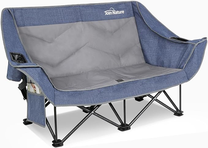 700lbs Capacity Double Camping Chair for 2 Adults - Low-Profile Outdoor Loveseat with XL Cup Holders & Storage Pockets, Heavy Duty Folding Couch for Camping, Lawn, Backyard (Navy Blue)