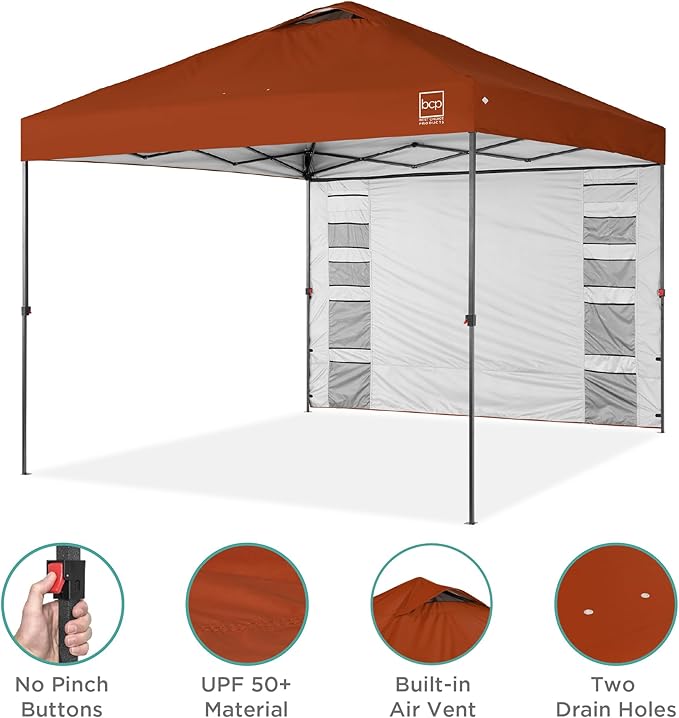 Best Choice Products 10x10ft Pop Up Canopy Tent with Sidewall, 1 Person 1 Minute Set Up, Carry Case, 4 Weight Bags - Rust