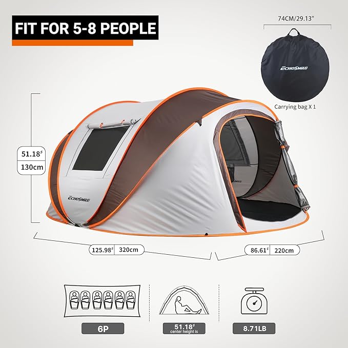 EchoSmile Instant Pop Up Camping Tent, 2/4/6 Person, Easy Setup Tent, Water Resistant Dome, Portable with Carry Bag