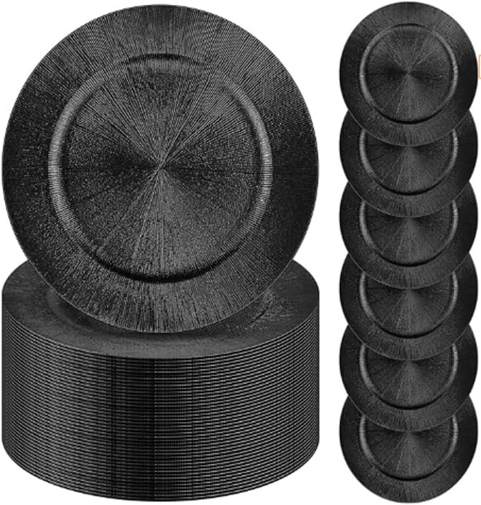 DYRABREST 50 Pcs 13 Inch Charger Plates, Bulk Round Charger Plates Plastic Wedding Dinner Elegant Reusable for Table Setting Wedding Party Event Tabletop Setting Decor (Black)