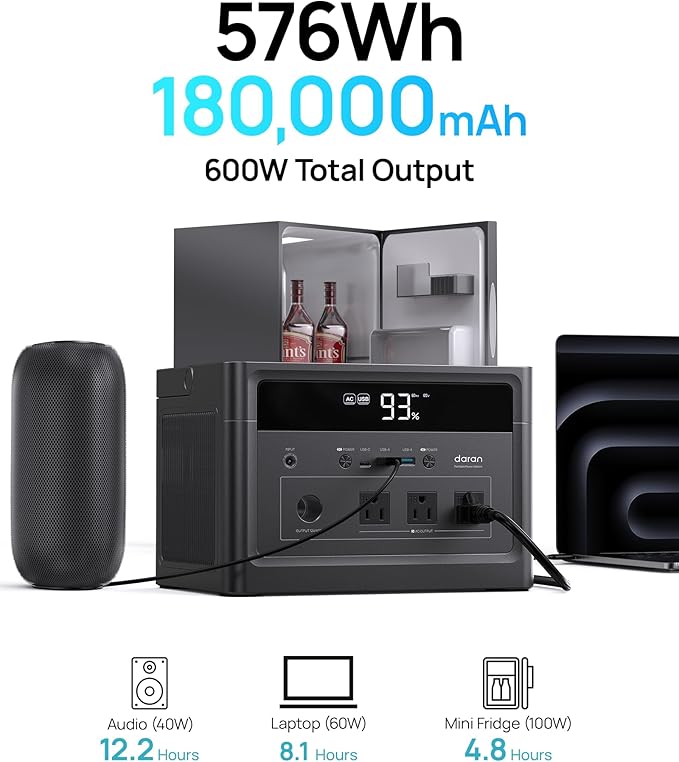 DaranEner Portable Power Station 600W (1200W Surge), 576Wh LiFePO4 Battery, 3 AC Outlets, 100W USB-C PD Fast Charging Solar Generator for Camping, RV, Home Backup