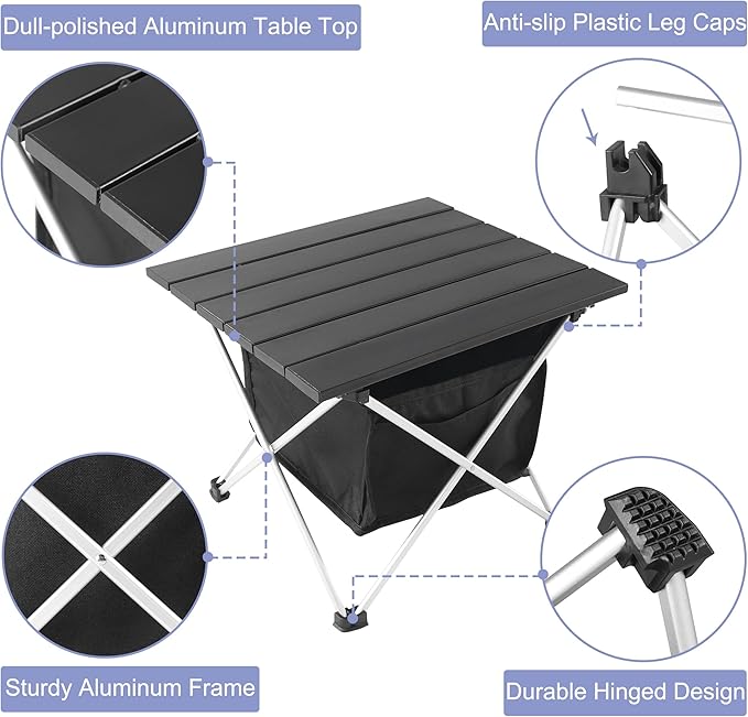 Grope Portable Camping Table Ultralight Aluminum Camp Table with Storage Bag,Beach Table for Sand with Carrying Bag,Prefect for Outdoor,Picnic,BBQ,Cooking,Festival (Black with Storage Bag-S)