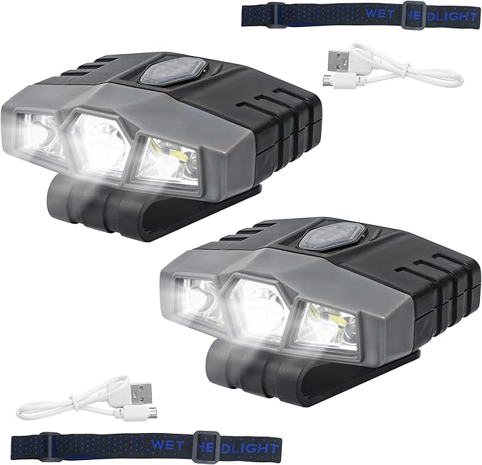 2Pcs Hat Lights Clip On Rechargeable Brim Light, Ultra Bright Micro Mini LED Cap Headlamp 150 Lumens Spotlight, Waterproof Hands Free Portable Flashlight for Baseball Cap, Running, Fishing, Camping