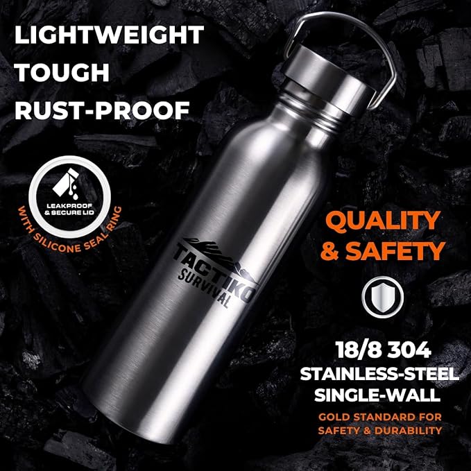 Tactiko Survival 25 oz/750 ml Stainless Steel Wide Mouth Water Bottle, Single Wall Boil-Safe, Leakproof, BPA-Free with Carry Sleeve and Strap for Camping, Hiking, Outdoor Prep (Black)